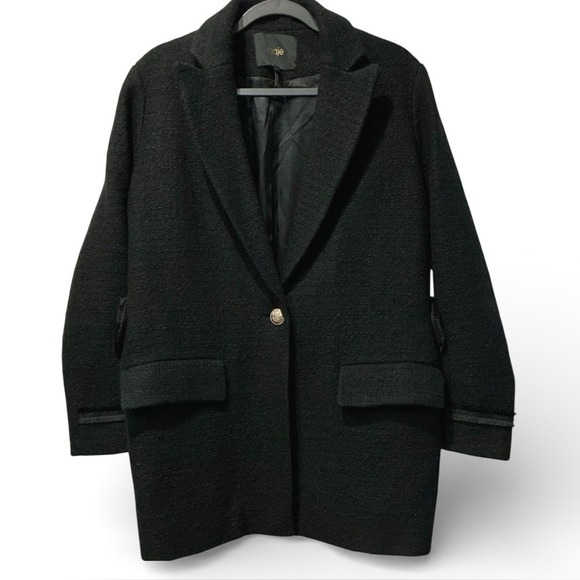 MAJE Paris Boucher Bouclé Wool Blend Coat Black‎ Designer Tailored Belted Back M